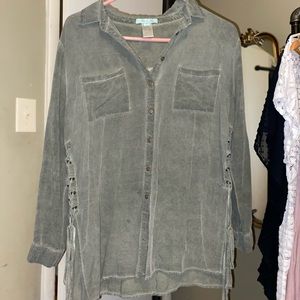 She and Sky Utility Shirt Olive Button up with ties on the side